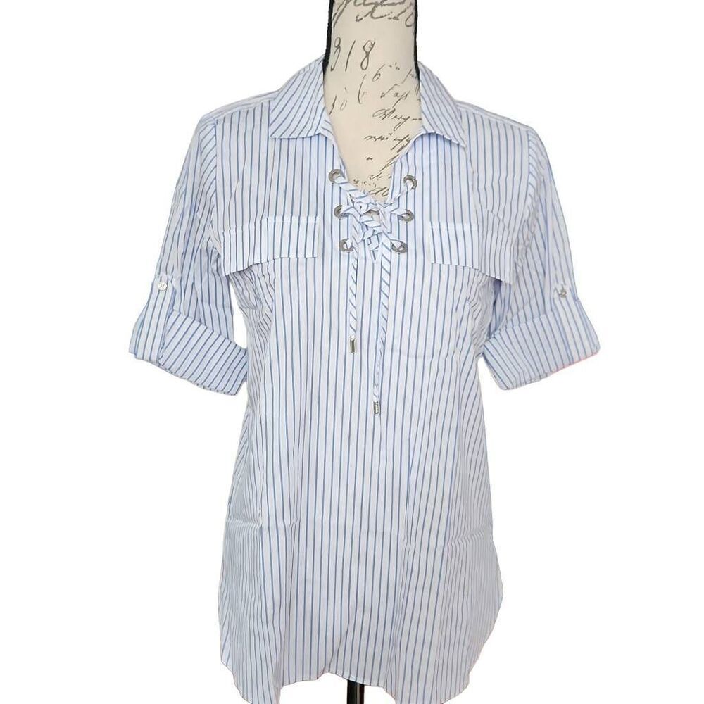 Calvin Klein Womens Size XS Blue Striped Long Sleeve Lace Up V Neck Top